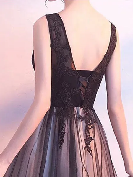 Stunning Black Evening Dresses Long V Neck Lace Tulle Sleeveless A Lien Floor Length Formal Evening Dress