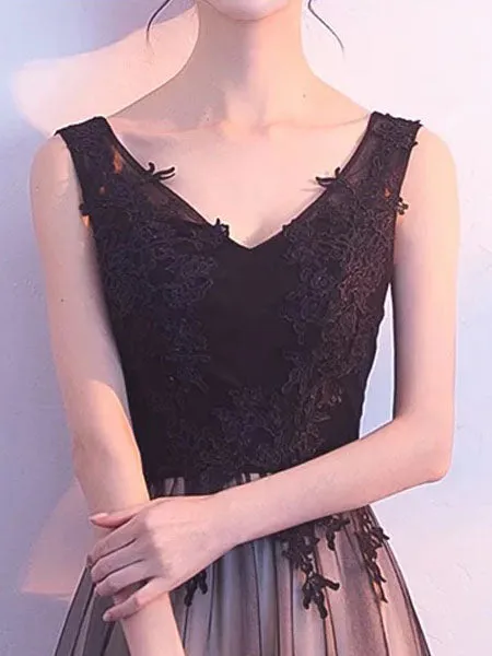 Stunning Black Evening Dresses Long V Neck Lace Tulle Sleeveless A Lien Floor Length Formal Evening Dress