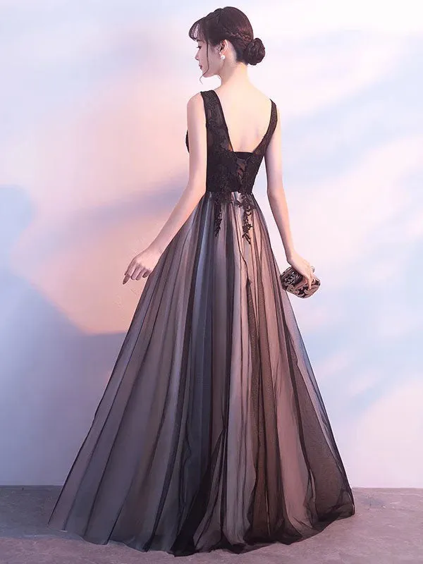 Stunning Black Evening Dresses Long V Neck Lace Tulle Sleeveless A Lien Floor Length Formal Evening Dress