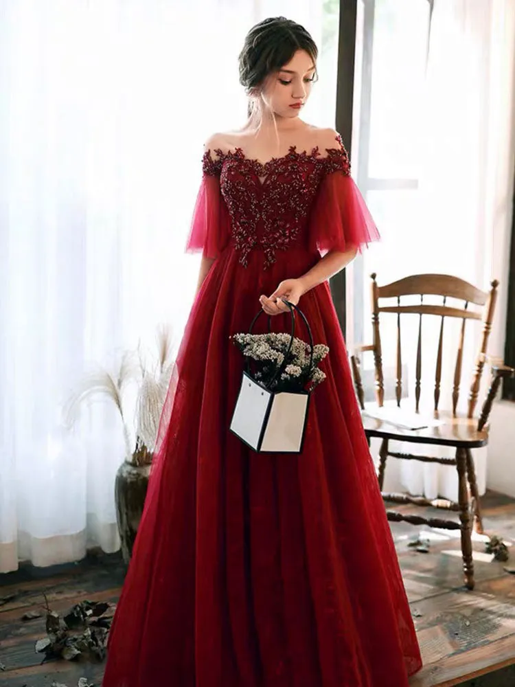 Stunning evening dress Illusion Neckline A Line Half Sleeves Lace Floor Length Tulle Party Dresses