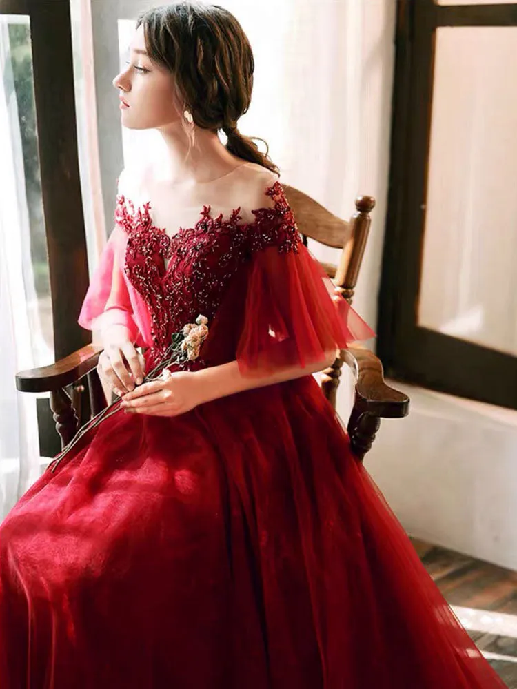 Stunning evening dress Illusion Neckline A Line Half Sleeves Lace Floor Length Tulle Party Dresses