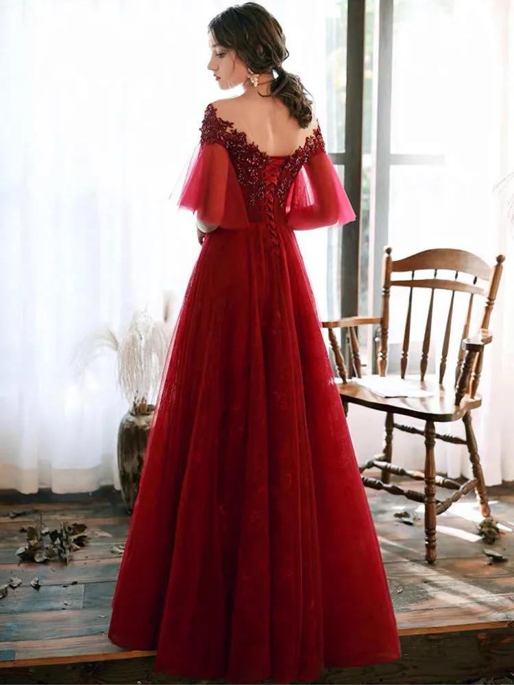Stunning evening dress Illusion Neckline A Line Half Sleeves Lace Floor Length Tulle Party Dresses