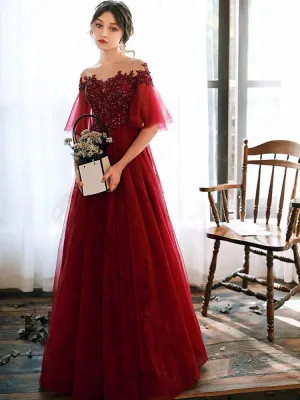 Stunning evening dress Illusion Neckline A Line Half Sleeves Lace Floor Length Tulle Party Dresses