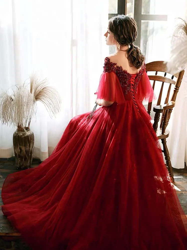 Stunning evening dress Illusion Neckline A Line Half Sleeves Lace Floor Length Tulle Party Dresses
