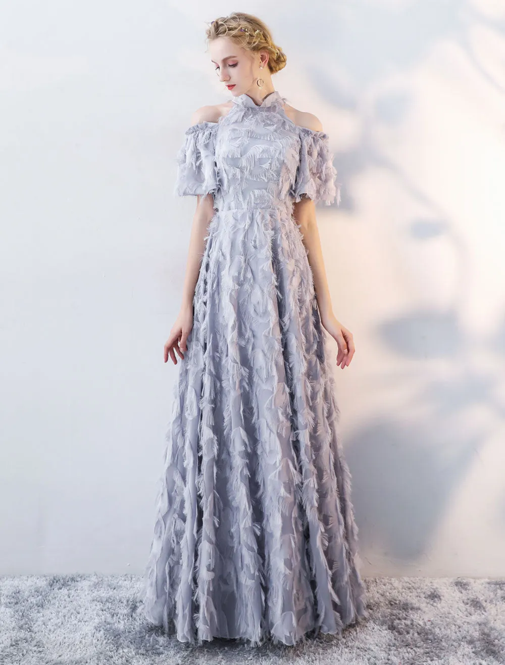 Stunning Evening Dresses Long Light Grey Cold Shoulder Evening Dress Lace Stand Collar Floor Length Formal Dress