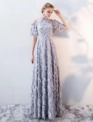 Stunning Evening Dresses Long Light Grey Cold Shoulder Evening Dress Lace Stand Collar Floor Length Formal Dress