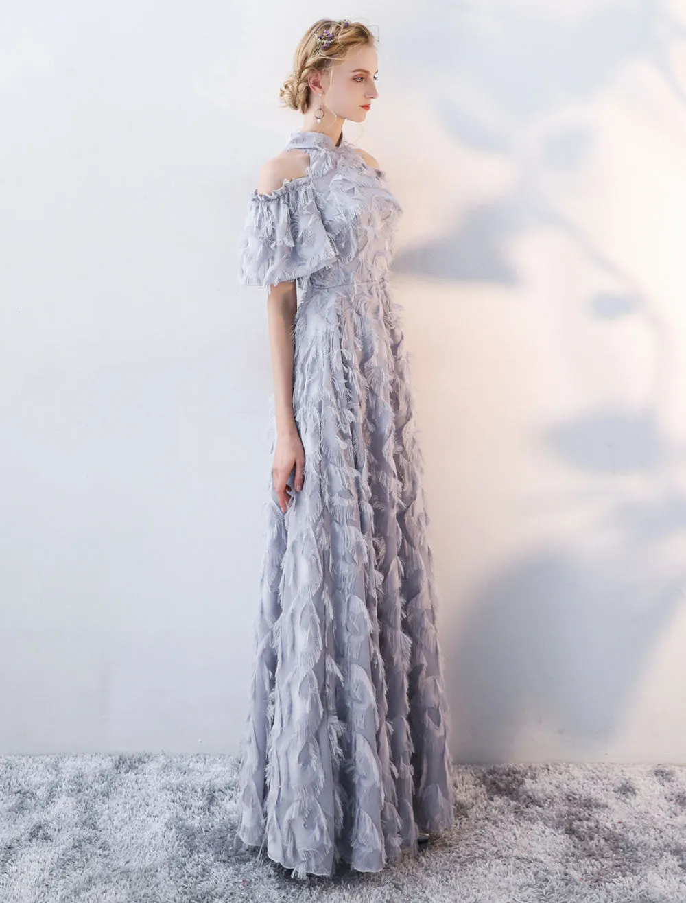 Stunning Evening Dresses Long Light Grey Cold Shoulder Evening Dress Lace Stand Collar Floor Length Formal Dress