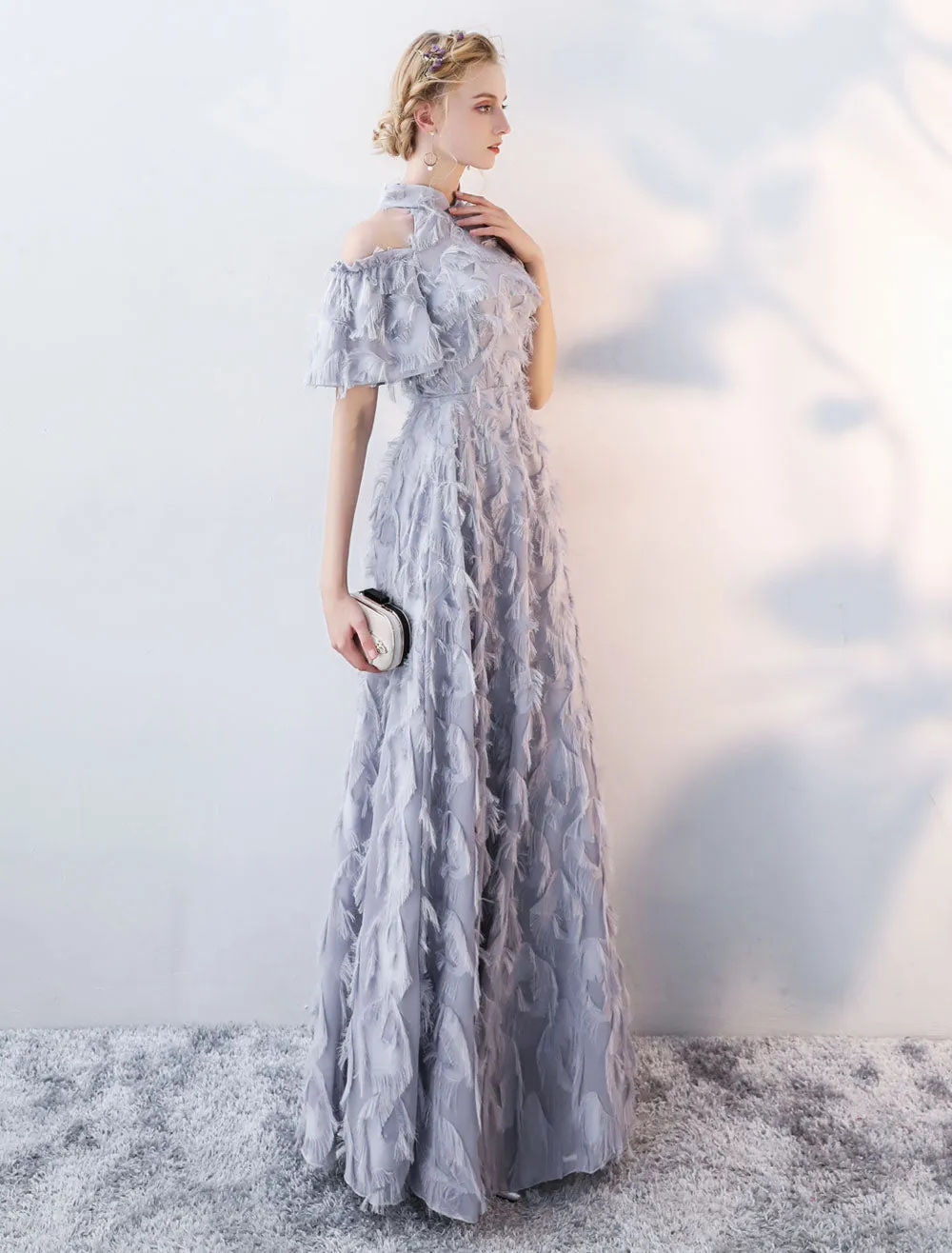 Stunning Evening Dresses Long Light Grey Cold Shoulder Evening Dress Lace Stand Collar Floor Length Formal Dress