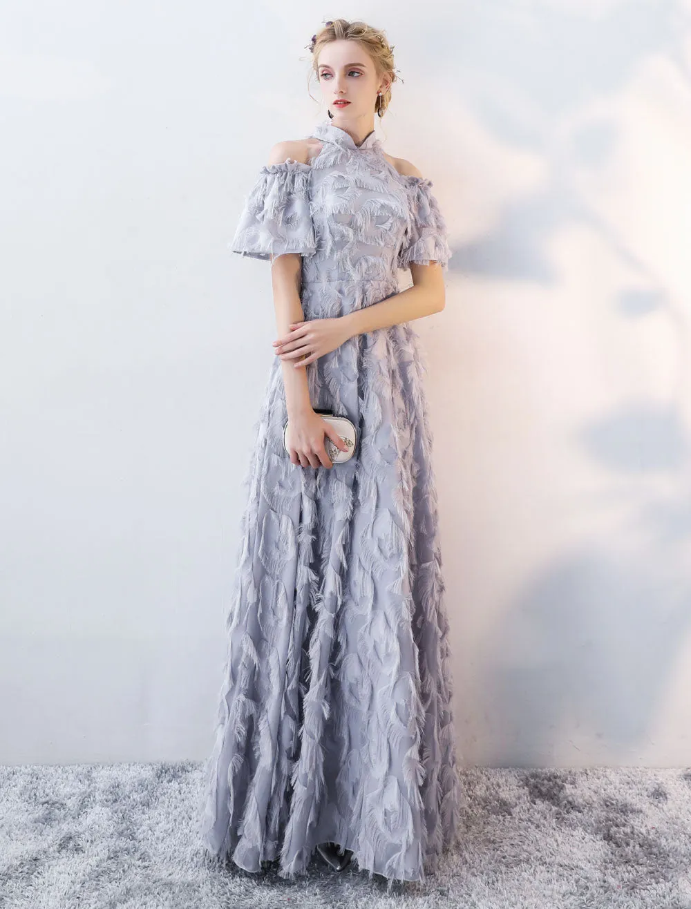 Stunning Evening Dresses Long Light Grey Cold Shoulder Evening Dress Lace Stand Collar Floor Length Formal Dress