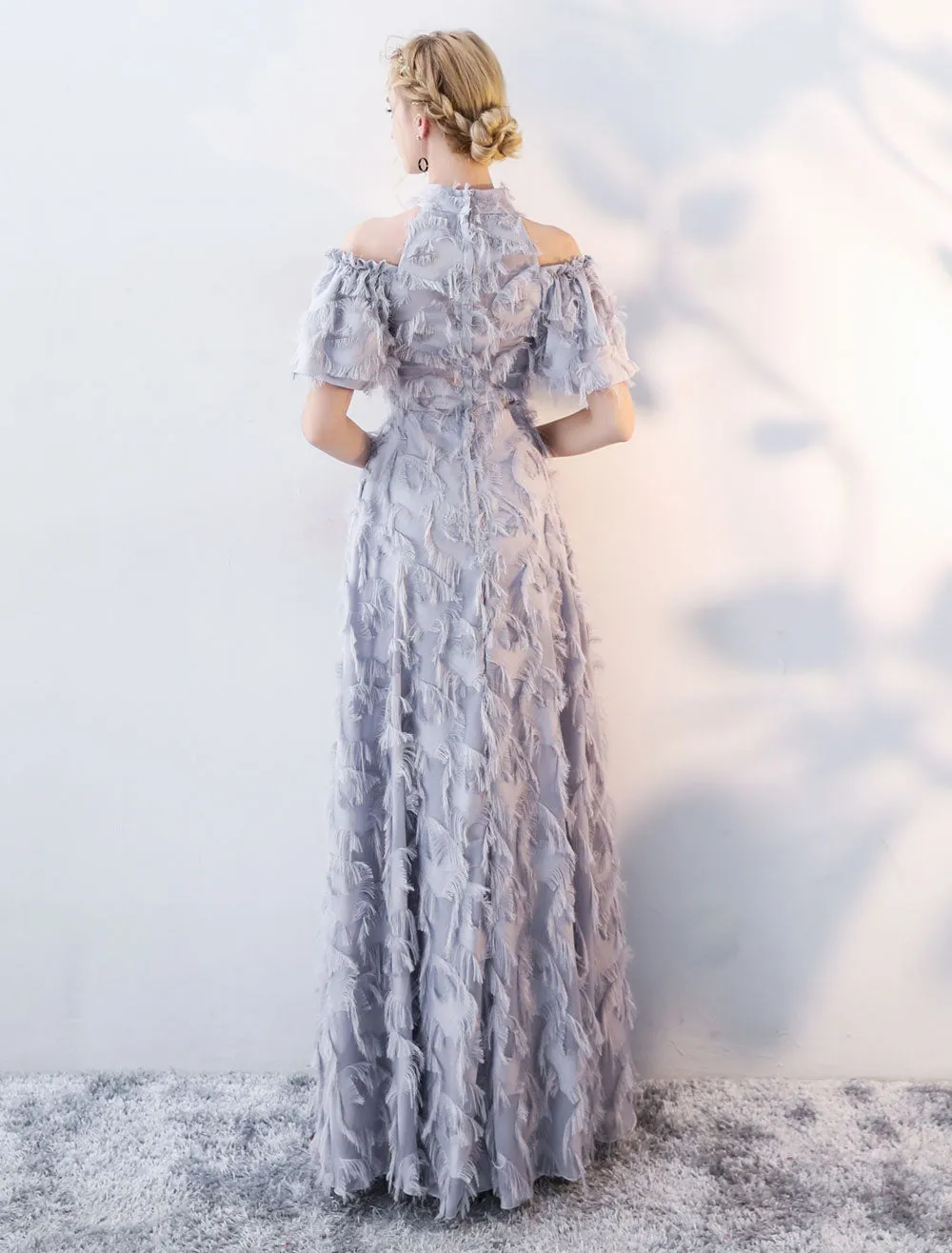 Stunning Evening Dresses Long Light Grey Cold Shoulder Evening Dress Lace Stand Collar Floor Length Formal Dress
