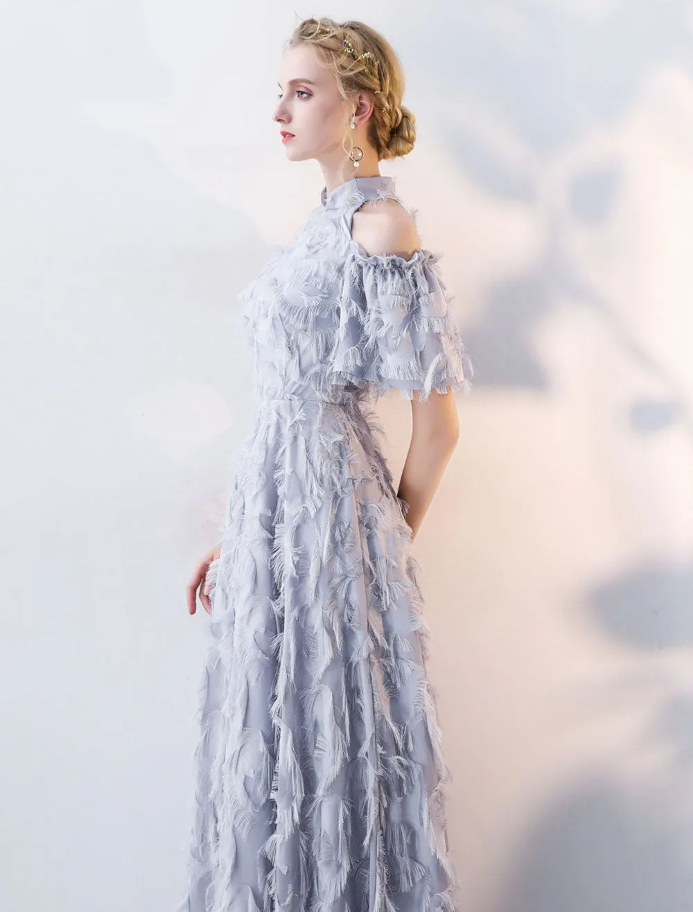Stunning Evening Dresses Long Light Grey Cold Shoulder Evening Dress Lace Stand Collar Floor Length Formal Dress