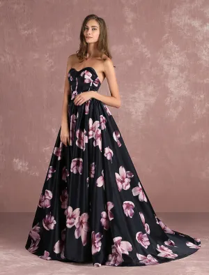 Stunning Floral Pageant Dress Black Sweatheart Strapless Long evening dress Boned Printed Chapel Train Occasion Dress