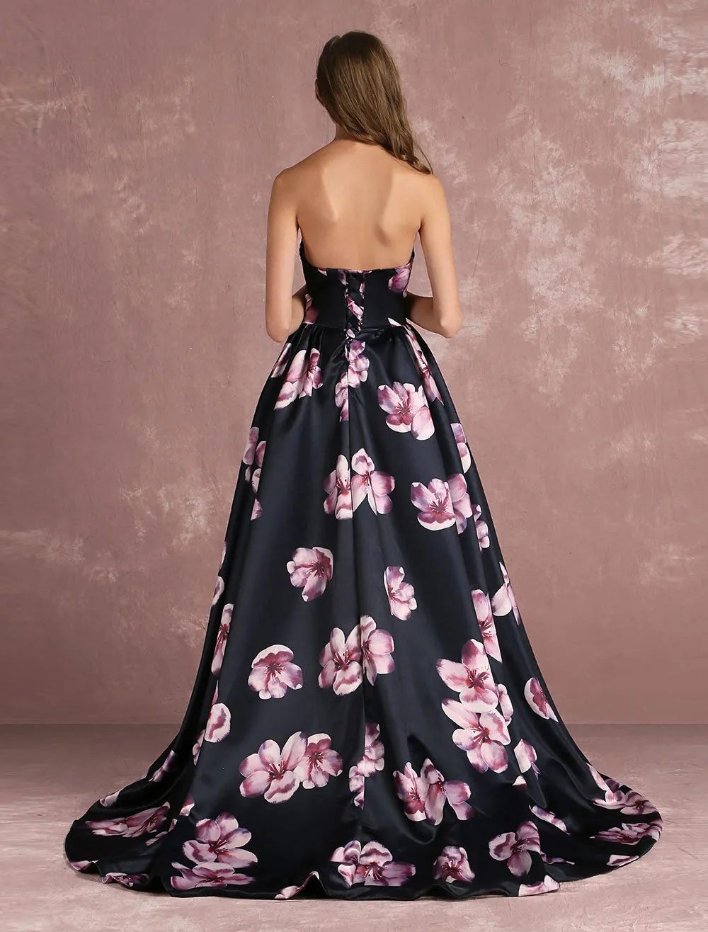 Stunning Floral Pageant Dress Black Sweatheart Strapless Long evening dress Boned Printed Chapel Train Occasion Dress