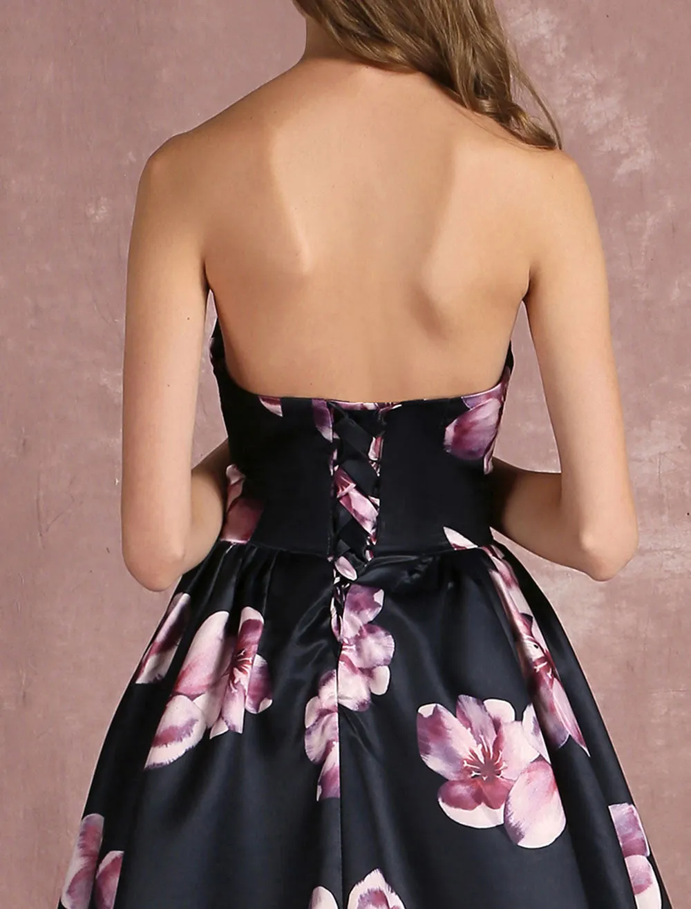 Stunning Floral Pageant Dress Black Sweatheart Strapless Long evening dress Boned Printed Chapel Train Occasion Dress