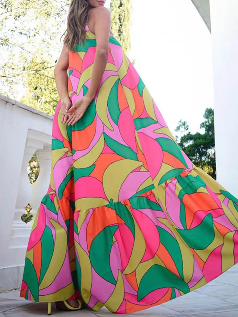 Summer French Deep V-Neck Graceful Backless Halter Printed Dresses