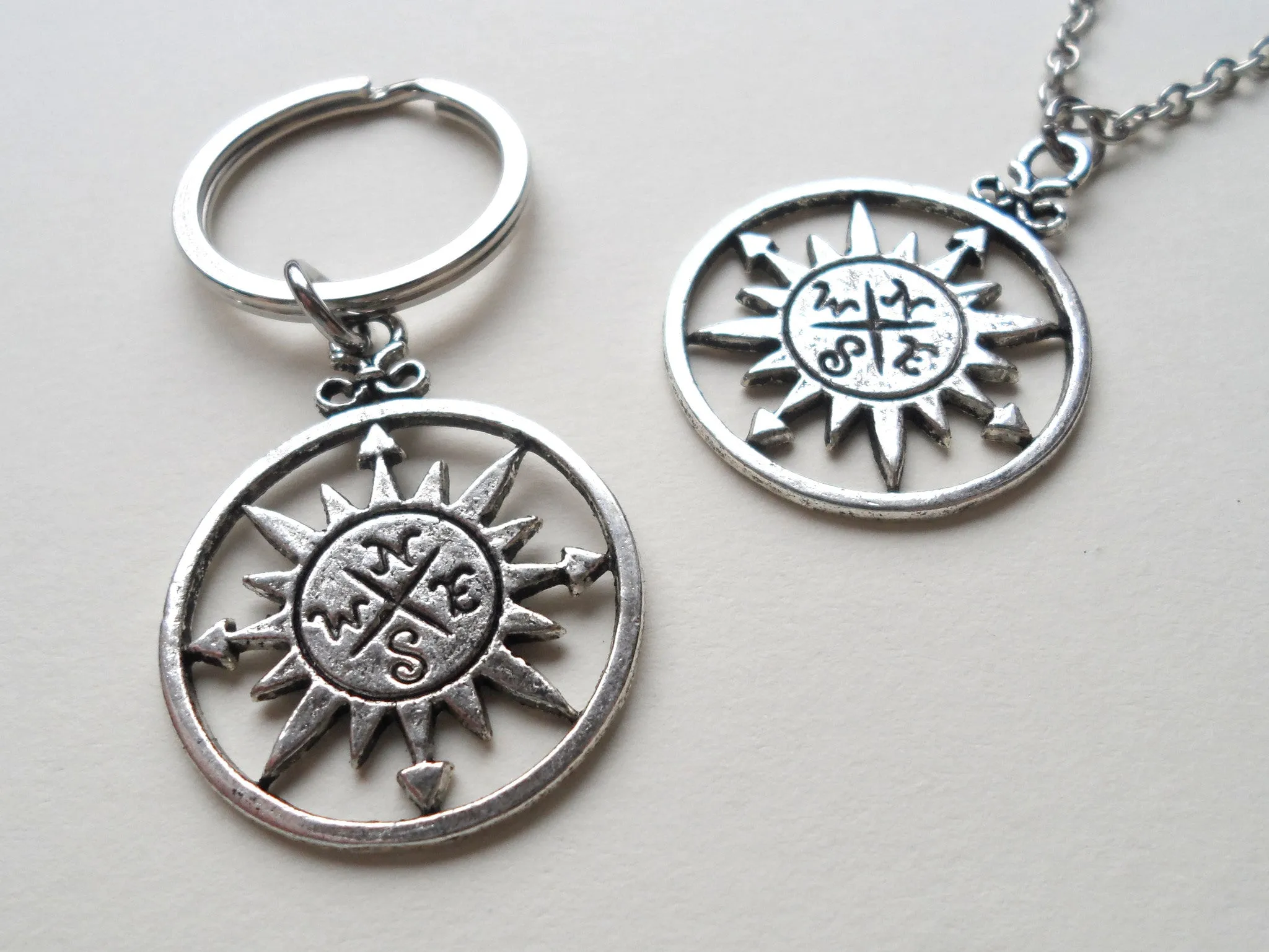 Sun Compass Necklace and Keychain Set - I'd Be Lost Without You; Couples Keychain Set