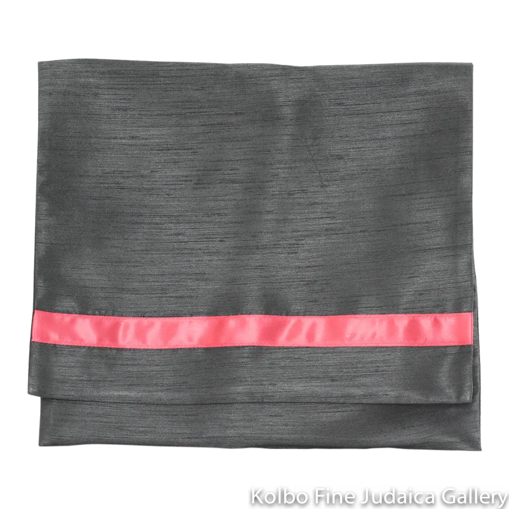 Tallit Set, Red, Black, and Cream Ribbons on Fine White Wool