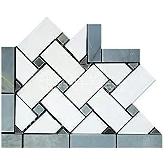 Thassos White Greek Marble Basketweave Border Corner Tile with Blue & Gray Marble Dots, Polished