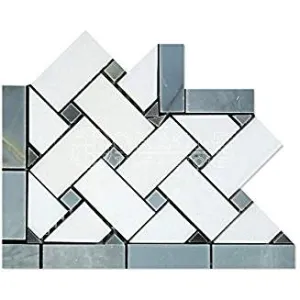 Thassos White Greek Marble Basketweave Border Corner Tile with Blue & Gray Marble Dots, Polished