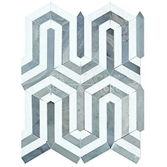 Thassos White Greek Marble Berlinetta Design Mosaic Tile with Blue & Gray, Polished