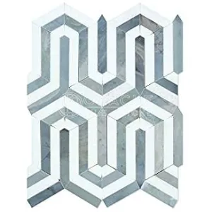 Thassos White Greek Marble Berlinetta Design Mosaic Tile with Blue & Gray, Polished