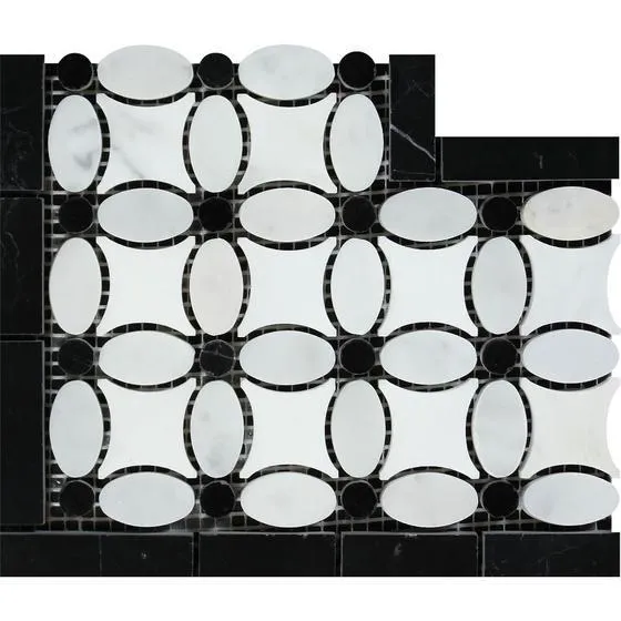 Tilefornia Florida Flower Thassos White & Carrara White & Black Marble Border Corner