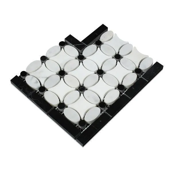 Tilefornia Florida Flower Thassos White & Carrara White & Black Marble Border Corner