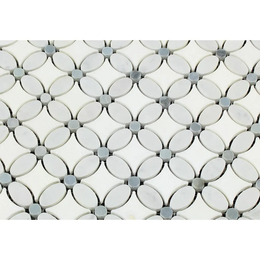 Tilefornia Italian Carrara White & Greek Thassos White Marble Florida Flower Mosaic Tile w/ Blue/Gray Marble