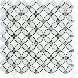 Tilefornia Italian Carrara White & Greek Thassos White Marble Florida Flower Mosaic Tile w/ Blue/Gray Marble