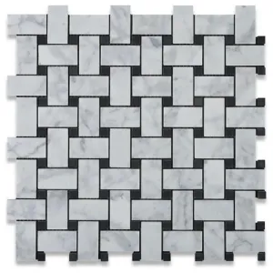 Tilefornia Italian Carrara White Basketweave Mosaic Tile w/ Black Dots Marble Polished/Honed