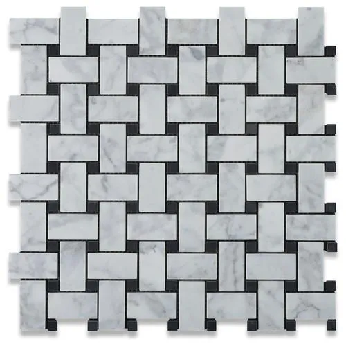 Tilefornia Italian Carrara White Basketweave Mosaic Tile w/ Black Dots Marble Polished/Honed