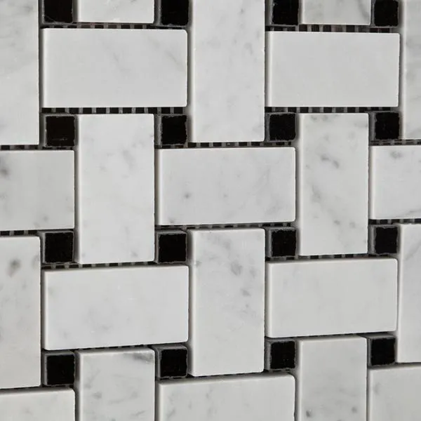 Tilefornia Italian Carrara White Basketweave Mosaic Tile w/ Black Dots Marble Polished/Honed