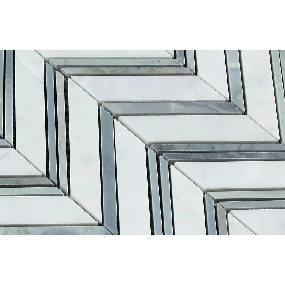 Tilefornia Italian Carrara White Large Chevron Mosaic Tile w/ Blue/Gray Marble Strips Polished/Honed