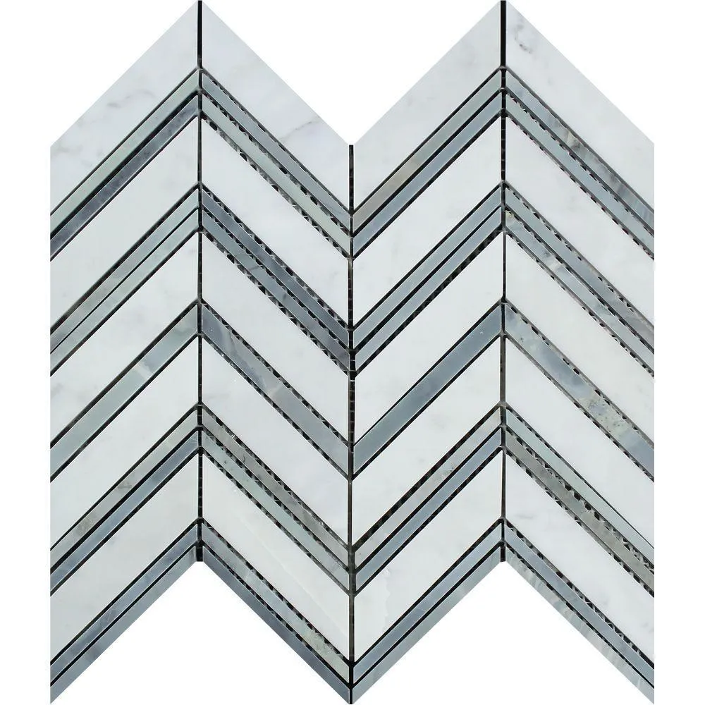 Tilefornia Italian Carrara White Large Chevron Mosaic Tile w/ Blue/Gray Marble Strips Polished/Honed