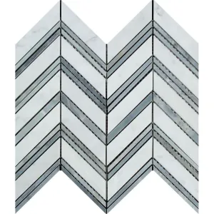 Tilefornia Italian Carrara White Large Chevron Mosaic Tile w/ Blue/Gray Marble Strips Polished/Honed