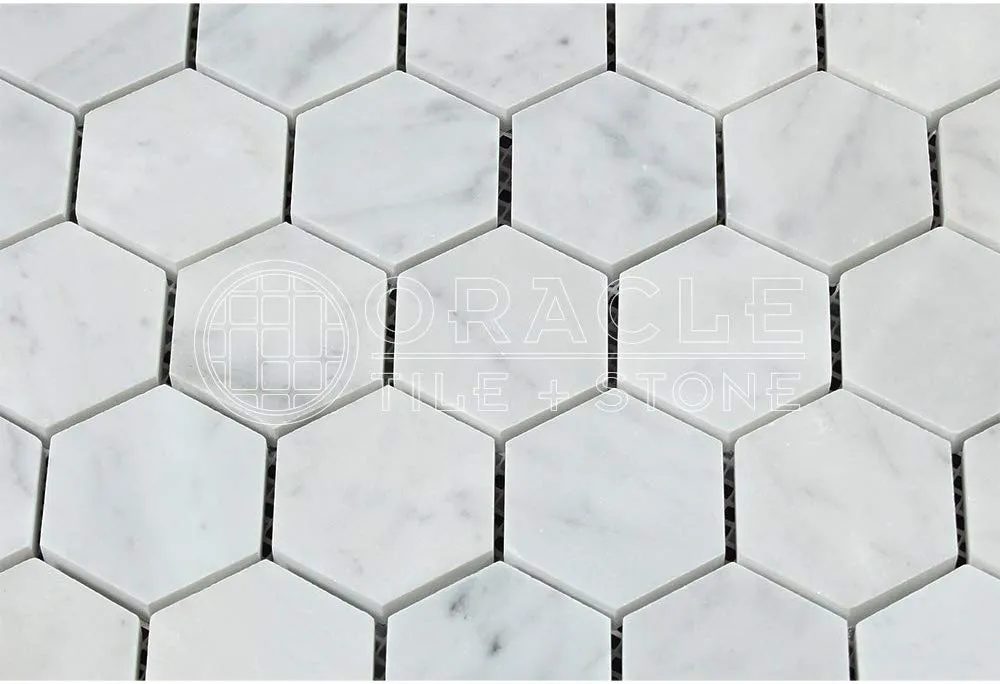 Tilefornia Italian Carrara White Marble 2" Hexagon Mosaic Tile Polished/Honed