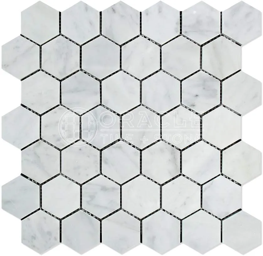 Tilefornia Italian Carrara White Marble 2" Hexagon Mosaic Tile Polished/Honed