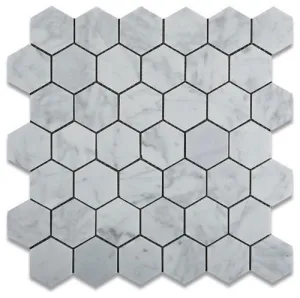 Tilefornia Italian Carrara White Marble 2" Hexagon Mosaic Tile Polished/Honed