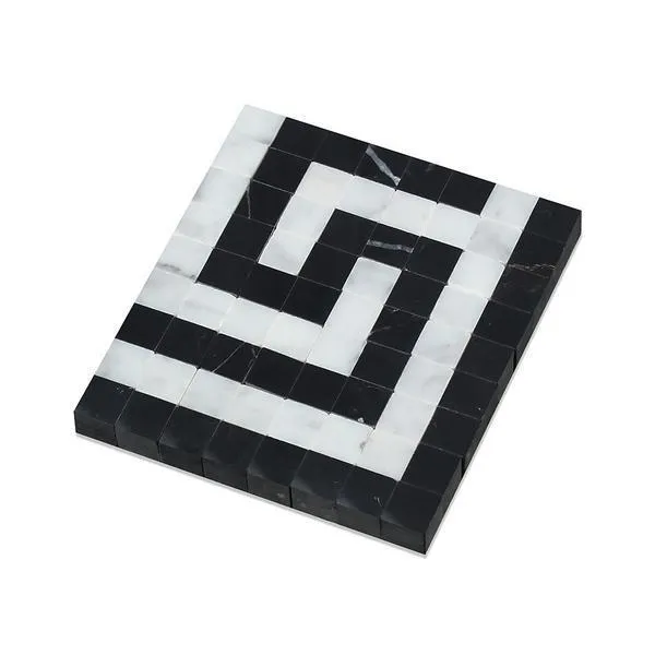 Tilefornia Italian Carrara White Marble Greek Key Border Corner w/Black Marble