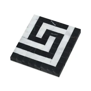 Tilefornia Italian Carrara White Marble Greek Key Border Corner w/Black Marble