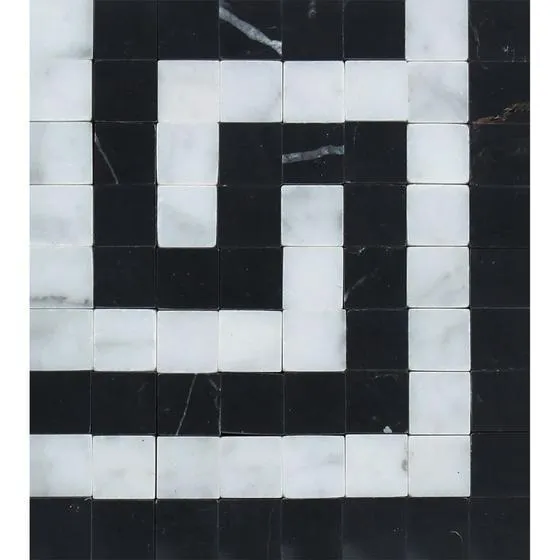 Tilefornia Italian Carrara White Marble Greek Key Border Corner w/Black Marble