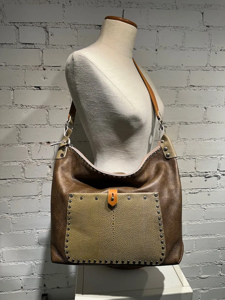 TOBACCO WITH STINGRAY LEATHER CROSSBODY HANDBAG TOTE II233