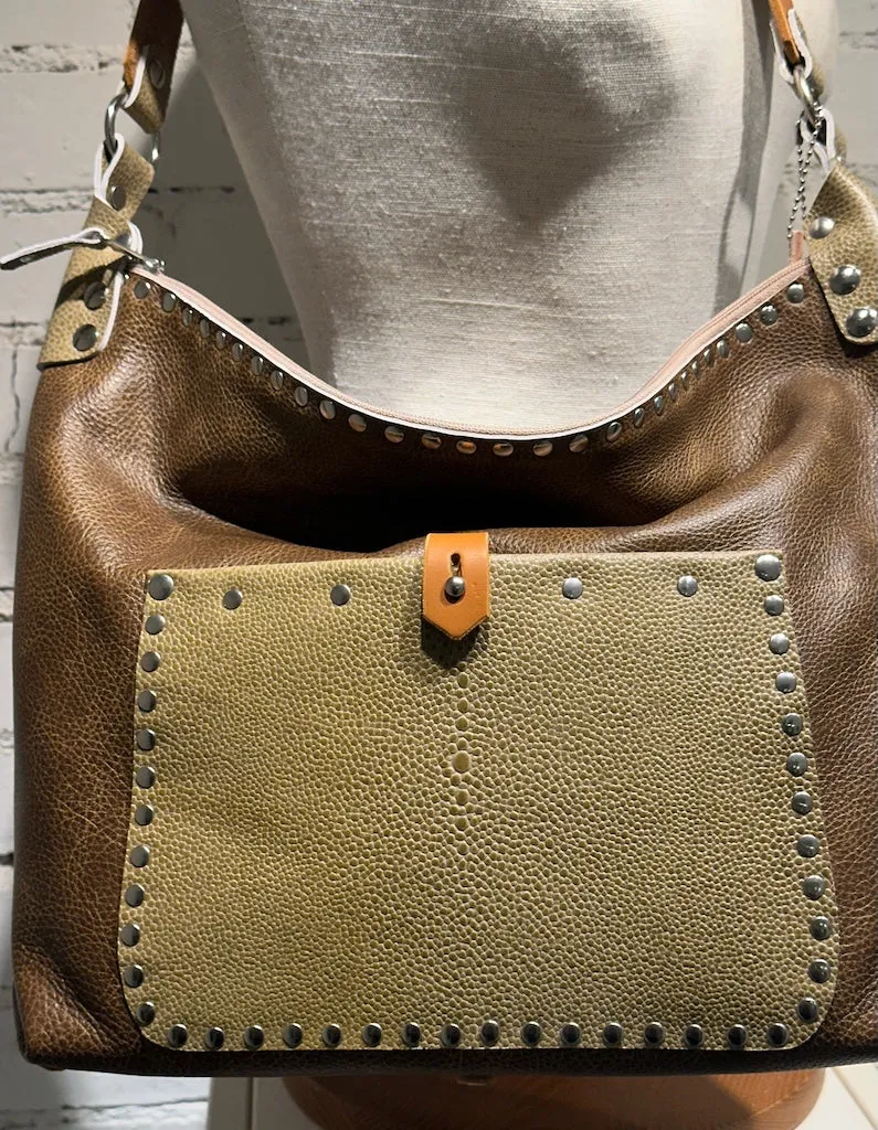TOBACCO WITH STINGRAY LEATHER CROSSBODY HANDBAG TOTE II233
