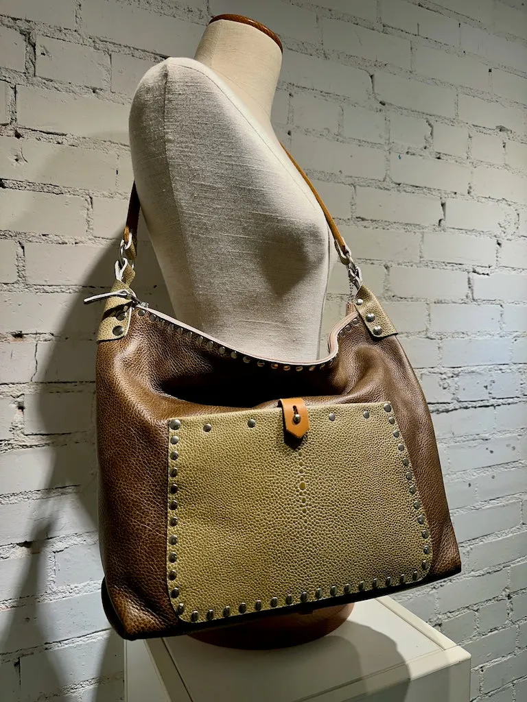 TOBACCO WITH STINGRAY LEATHER CROSSBODY HANDBAG TOTE II233