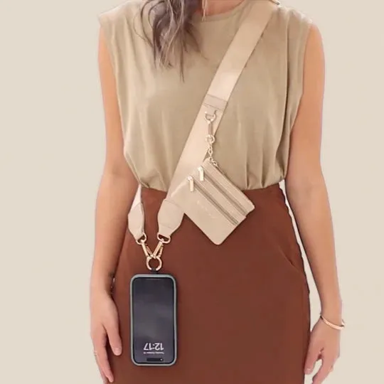 Touch Screen Purse -CLIP & GO PHONE LANYARD-TAUPE WITH GOLD