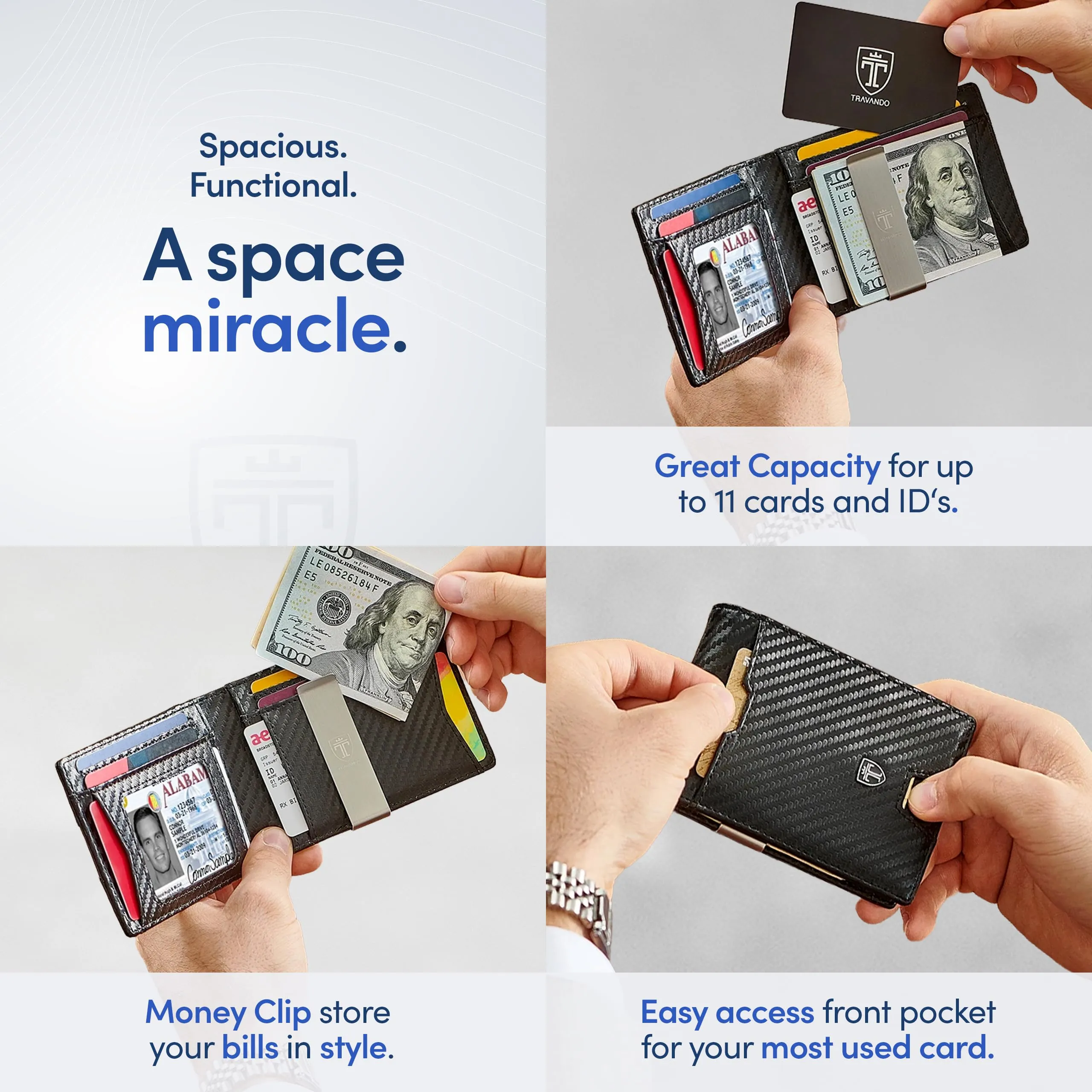 TRAVANDO Mens Bifold Wallet with Money Clip, RFID Blocking Slim Card Holder