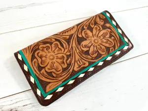 Turquoise Border Floral Tooled Snap Wallet