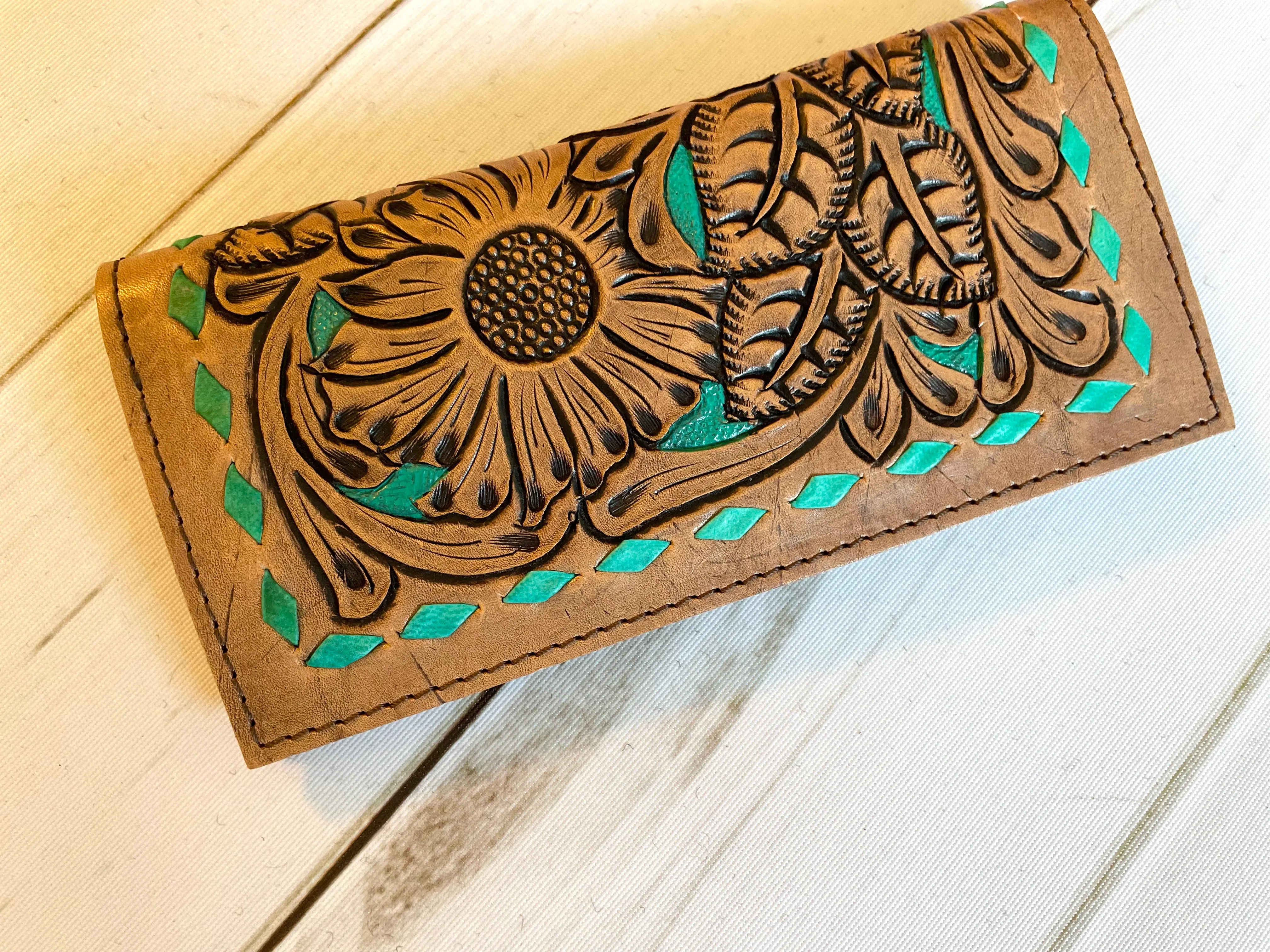 Turquoise Buckstitch Sunflower Tooled Wallet