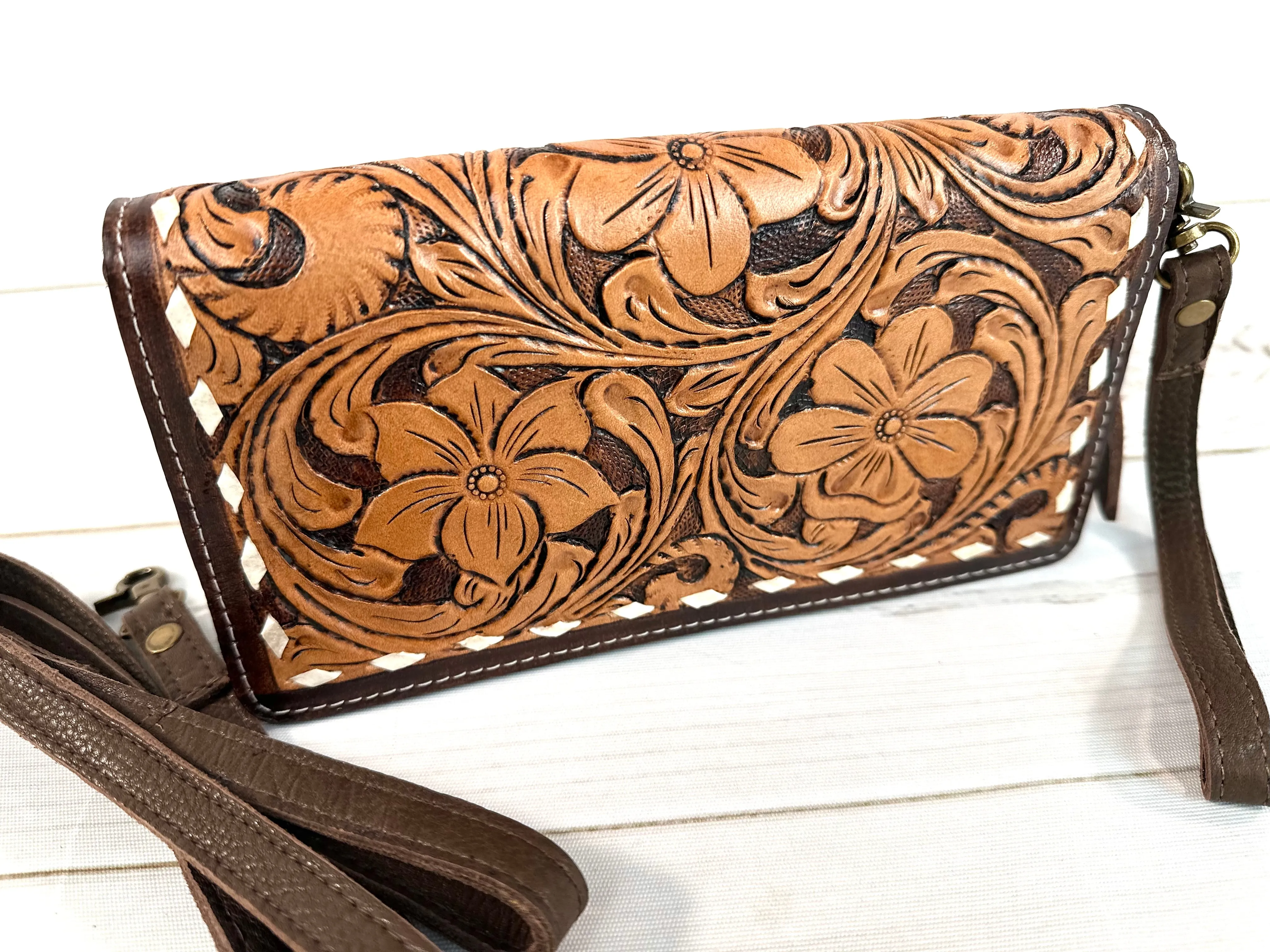 Two Toned Leather Tooled Buckstitch Carryall Wallet Organizer