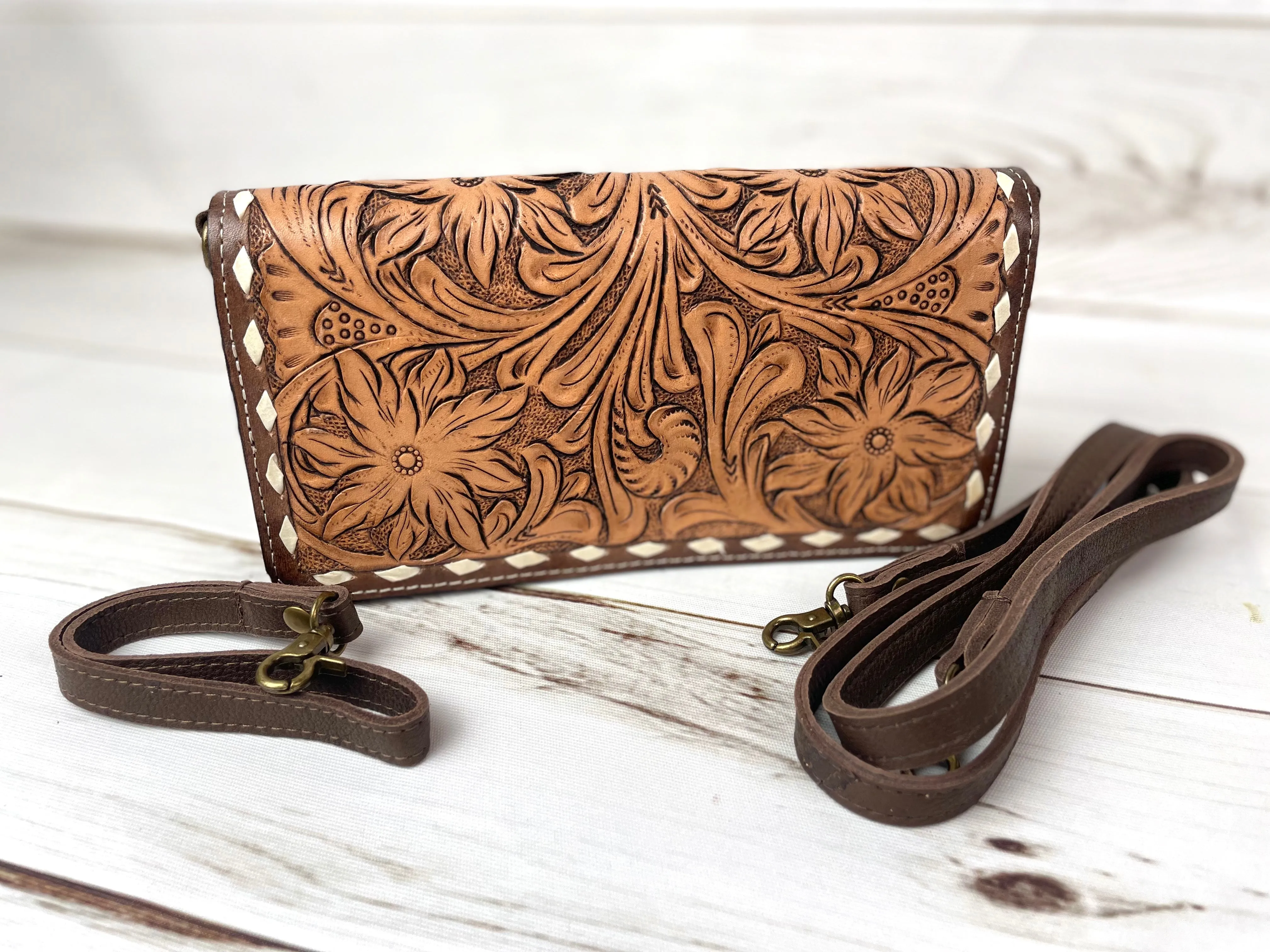 Two Toned Leather Tooled Buckstitch Carryall Wallet Organizer